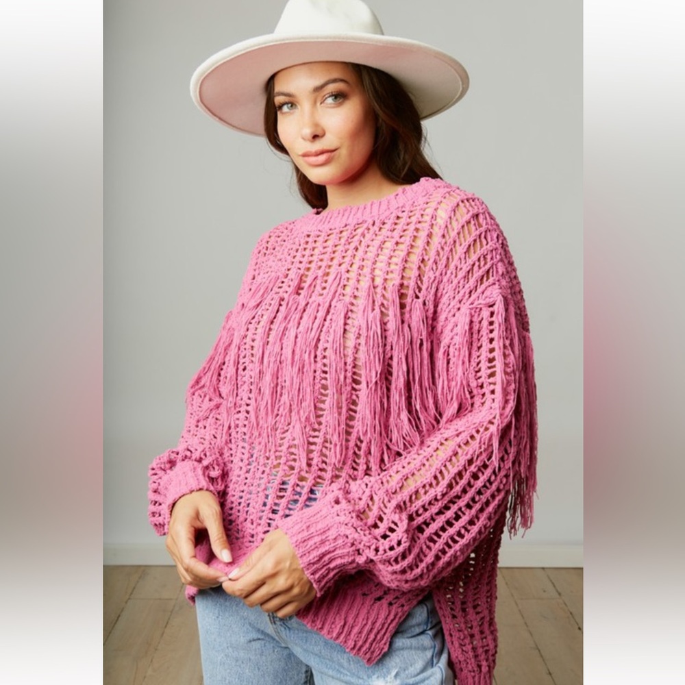 492. Fringe crochet knit sweater pink